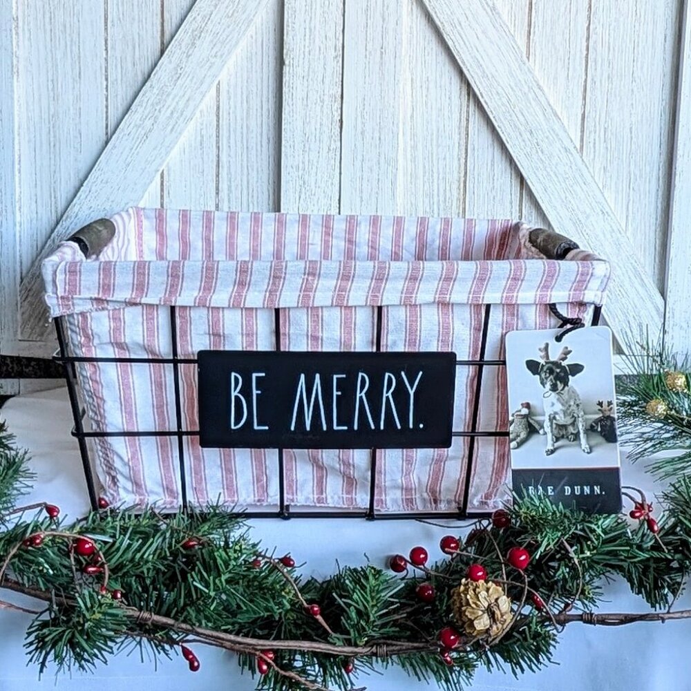NWT- Rae Dunn Festive “BE MERRY” Wired Basket With Liner - Picture 1 of 5
